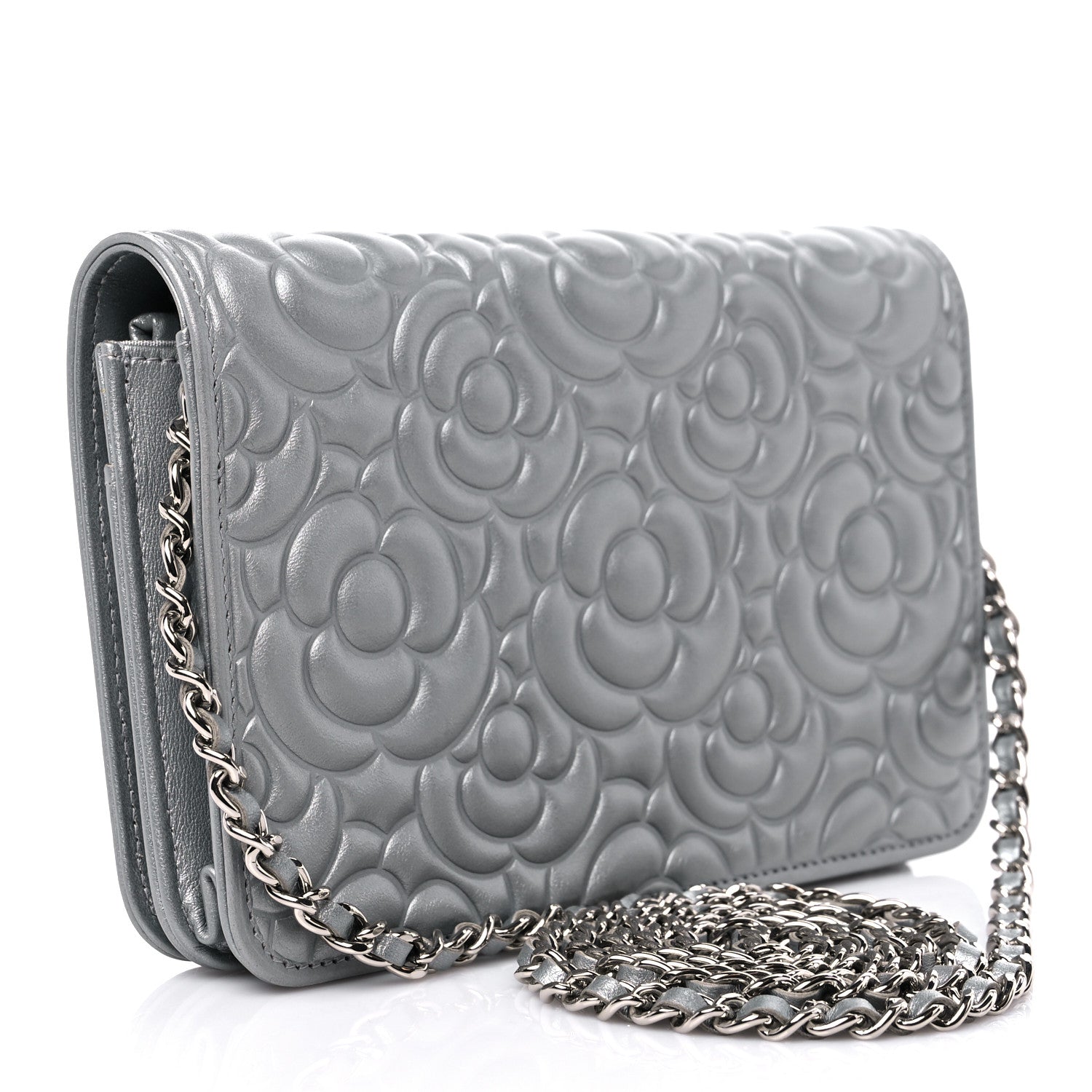 Chanel Metallic Lambskin Crystal Camellia Embossed Wallet On Chain WOC Silver 3 of 12
