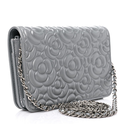 Chanel Metallic Lambskin Crystal Camellia Embossed Wallet On Chain WOC Silver 3 of 12