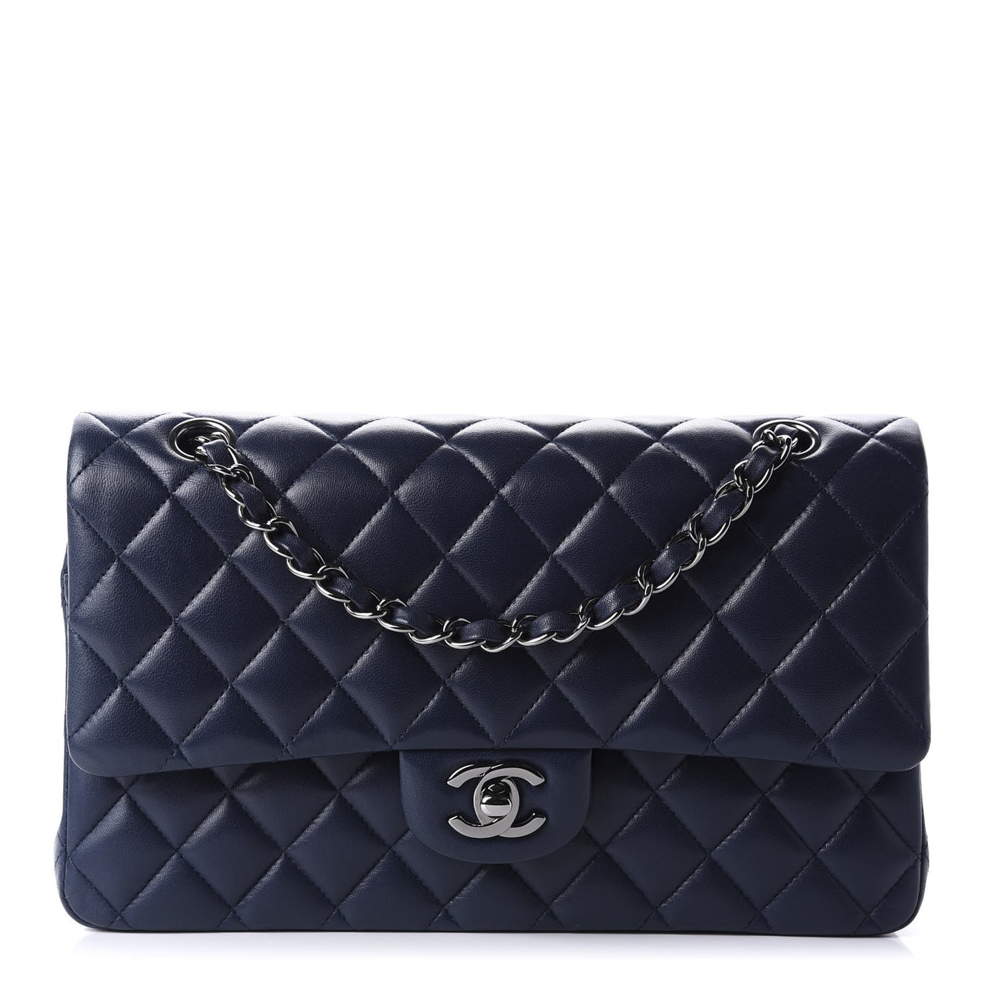 Lambskin Quilted Medium Double Flap Dark Blue