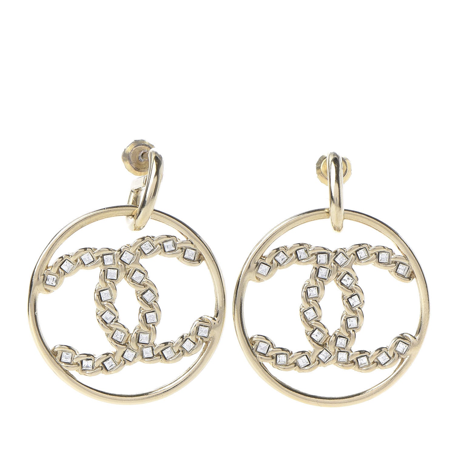 Chanel Crystal Chain Strass CC Drop Earrings Gold 1 of 5