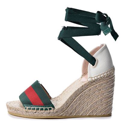 Gucci Canvas Malaga Kid Web Ankle Wrap Espadrille Wedge Sandals 35.5 Green Red Mystic White Emerald 1 of 12