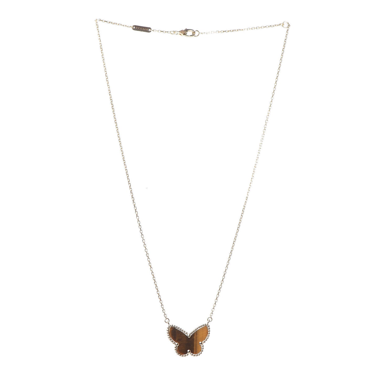 18K Yellow Gold Tiger Eye Lucky Alhambra Butterfly Pendant Necklace