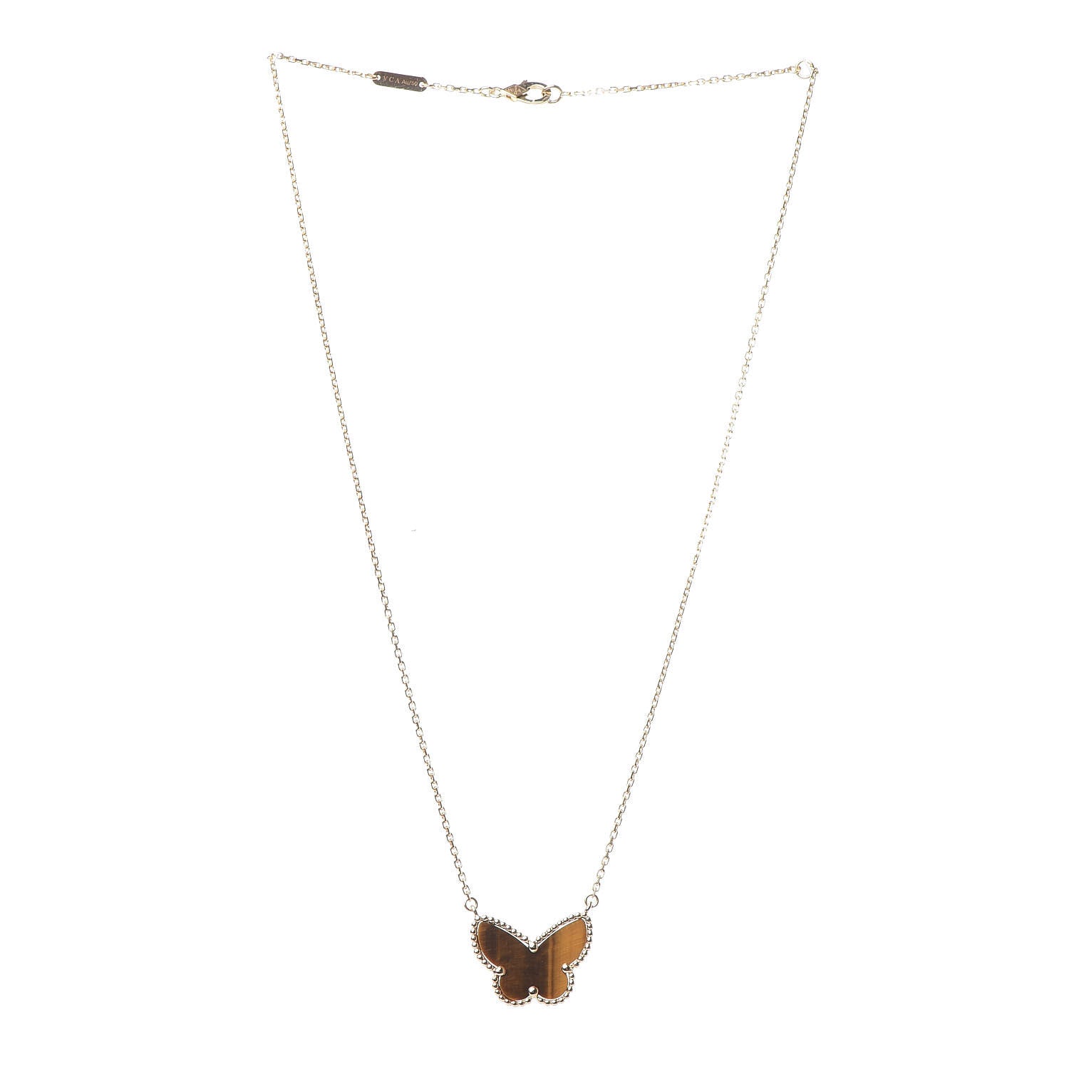 Van Cleef & Arpels 18K Yellow Gold Tiger Eye Lucky Alhambra Butterfly Pendant Necklace 3 of 8