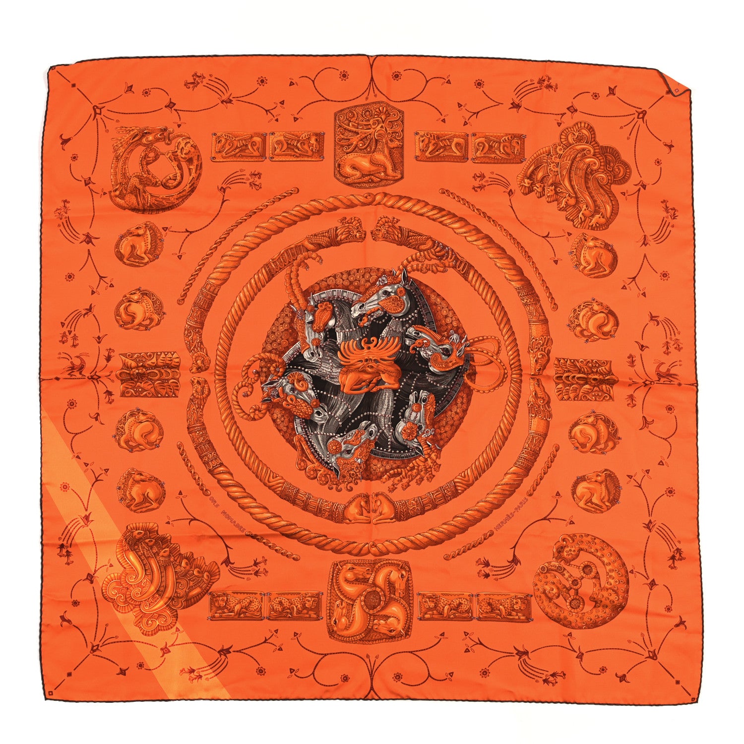Hermes Silk Ors Nomades Scarf 90 Orange Vif Taupe Roux 1 of 3
