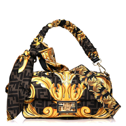 Fendi X VERSACE Silk Fendace FF Baroque Quilted Scarf Baguette Black Gold 1 of 7