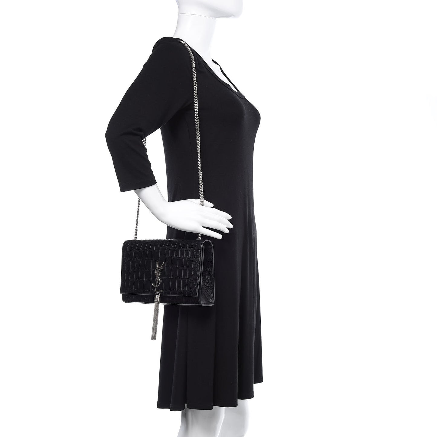 Calfskin Crocodile Embossed Medium Classic Monogram Kate Tassel Satchel Black