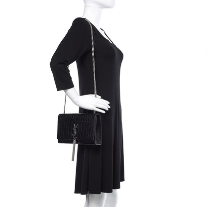Saint Laurent Calfskin Crocodile Embossed Medium Classic Monogram Kate Tassel Satchel Black 2 of 10