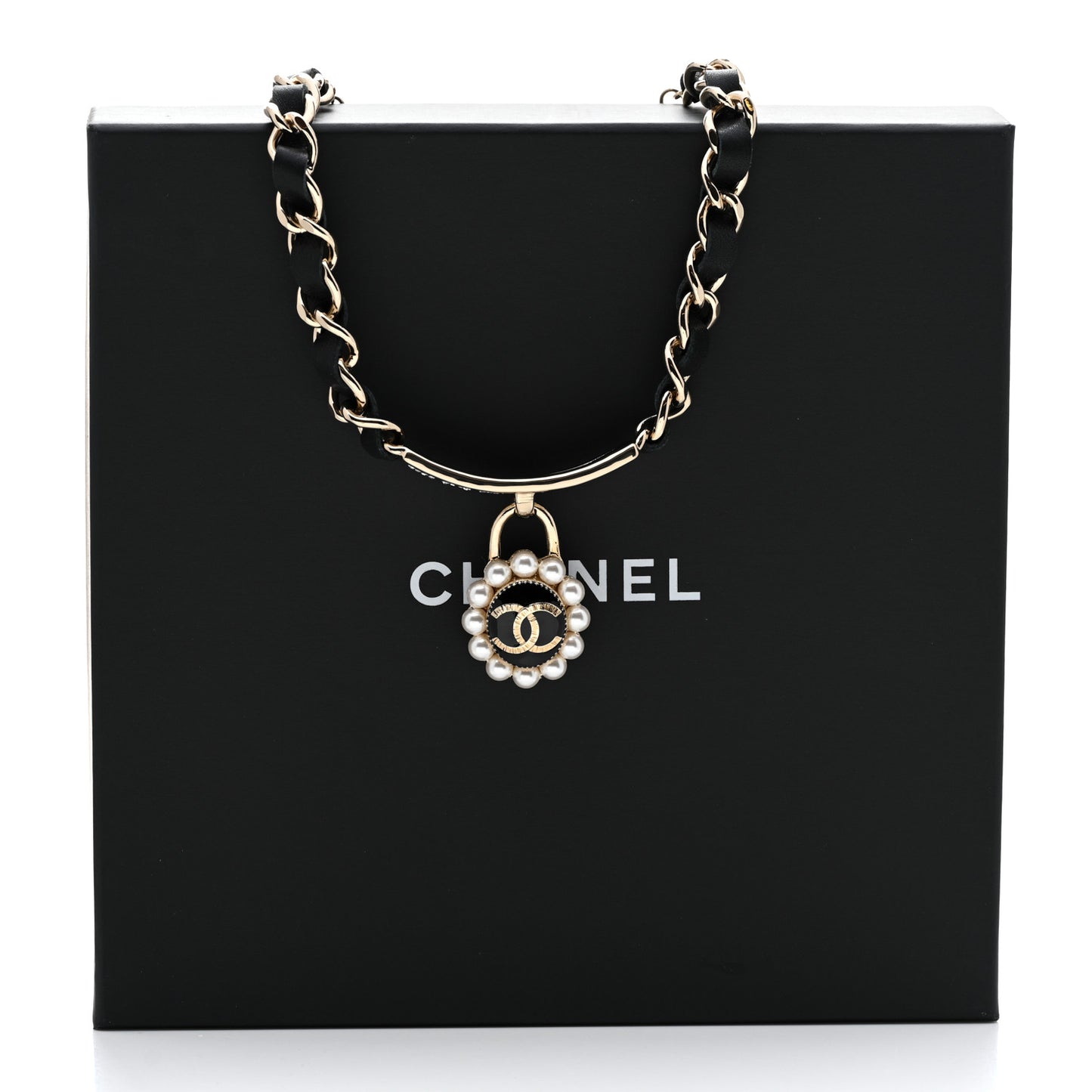 Pearl Crystal Lambskin CC Logo Choker Gold Black