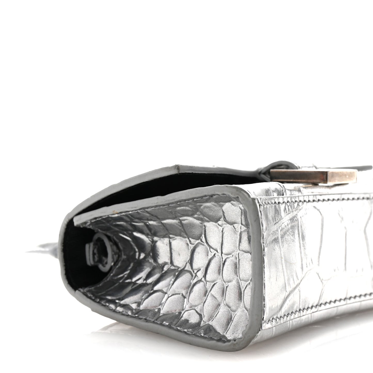 Metallic Calfskin Crocodile Embossed Hourglass Top Handle Bag Mini Silver