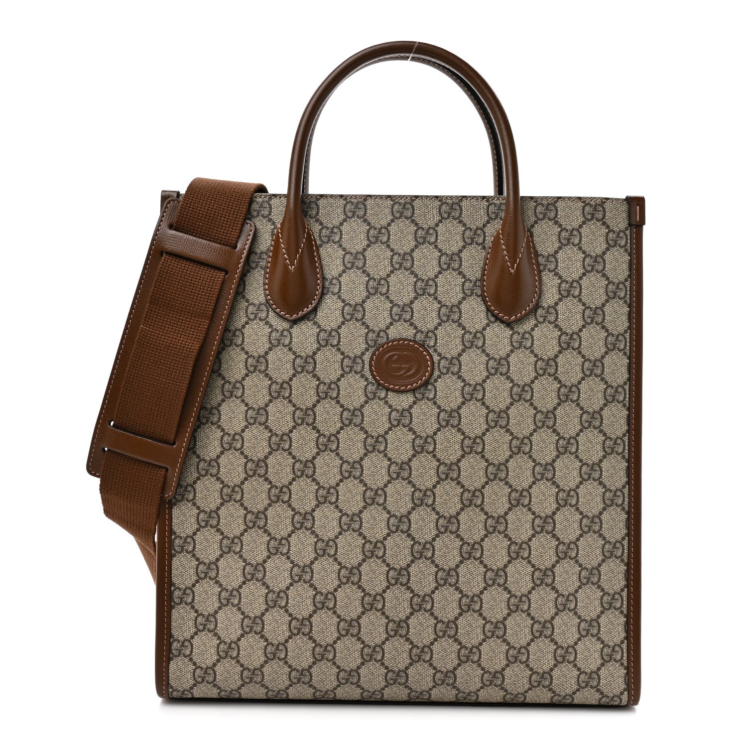 Gucci GG Supreme Monogram Textured Dollar Calfskin Web Small Retro Interlocking G Vertical Tote Bag Beige Ebony Brown Sugar 1 of 10