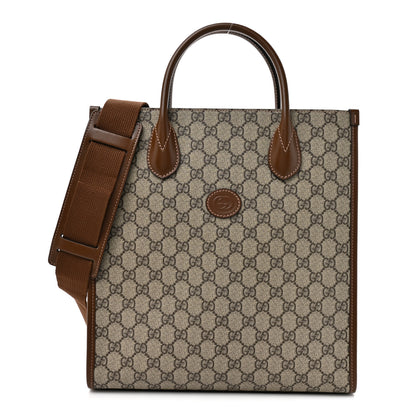 Gucci GG Supreme Monogram Textured Dollar Calfskin Web Small Retro Interlocking G Vertical Tote Bag Beige Ebony Brown Sugar 1 of 10