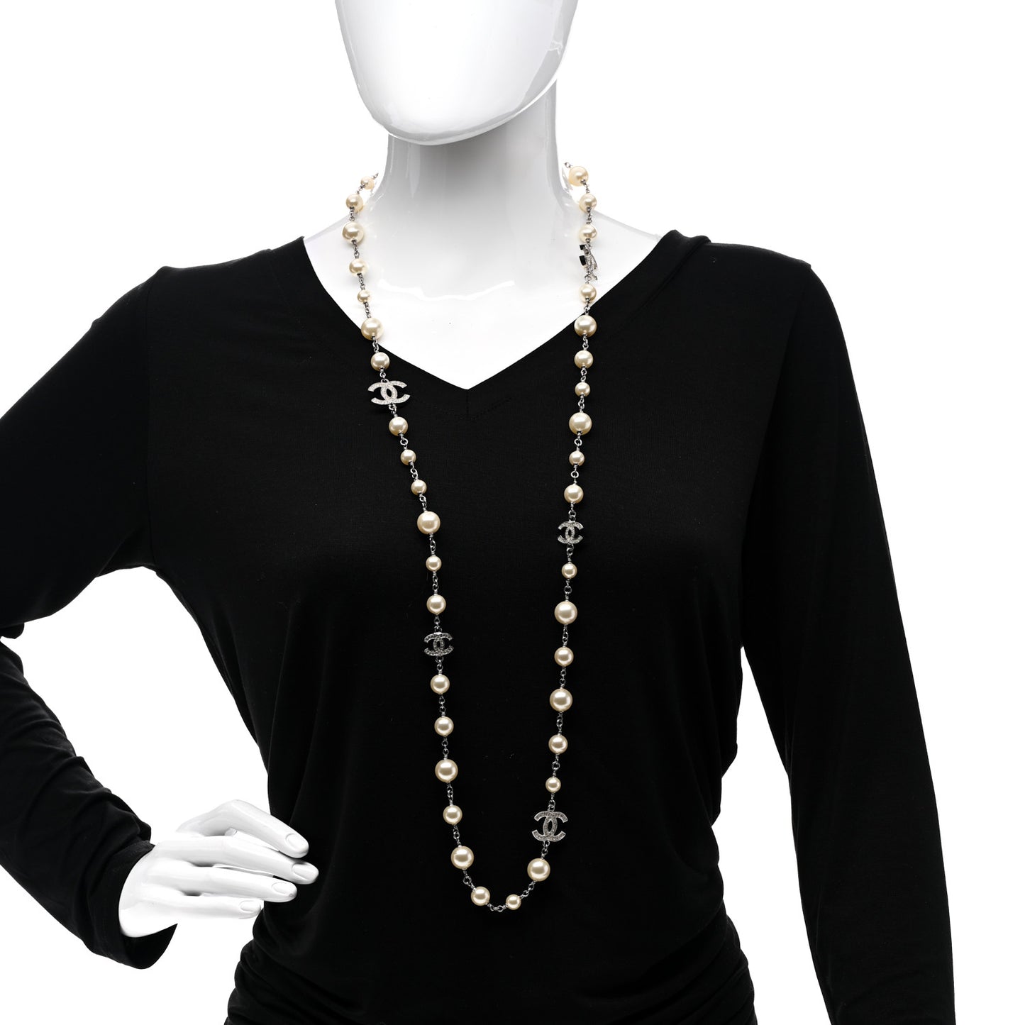 Graduated Pearl Crystal CC Long Necklace Silver