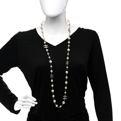 Chanel Graduated Pearl Crystal CC Long Necklace Silver 2 of 7