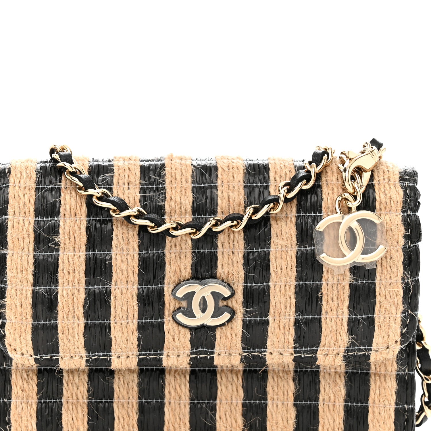 Chanel Raffia Jute Striped Belt Bag Black Beige 8 of 12