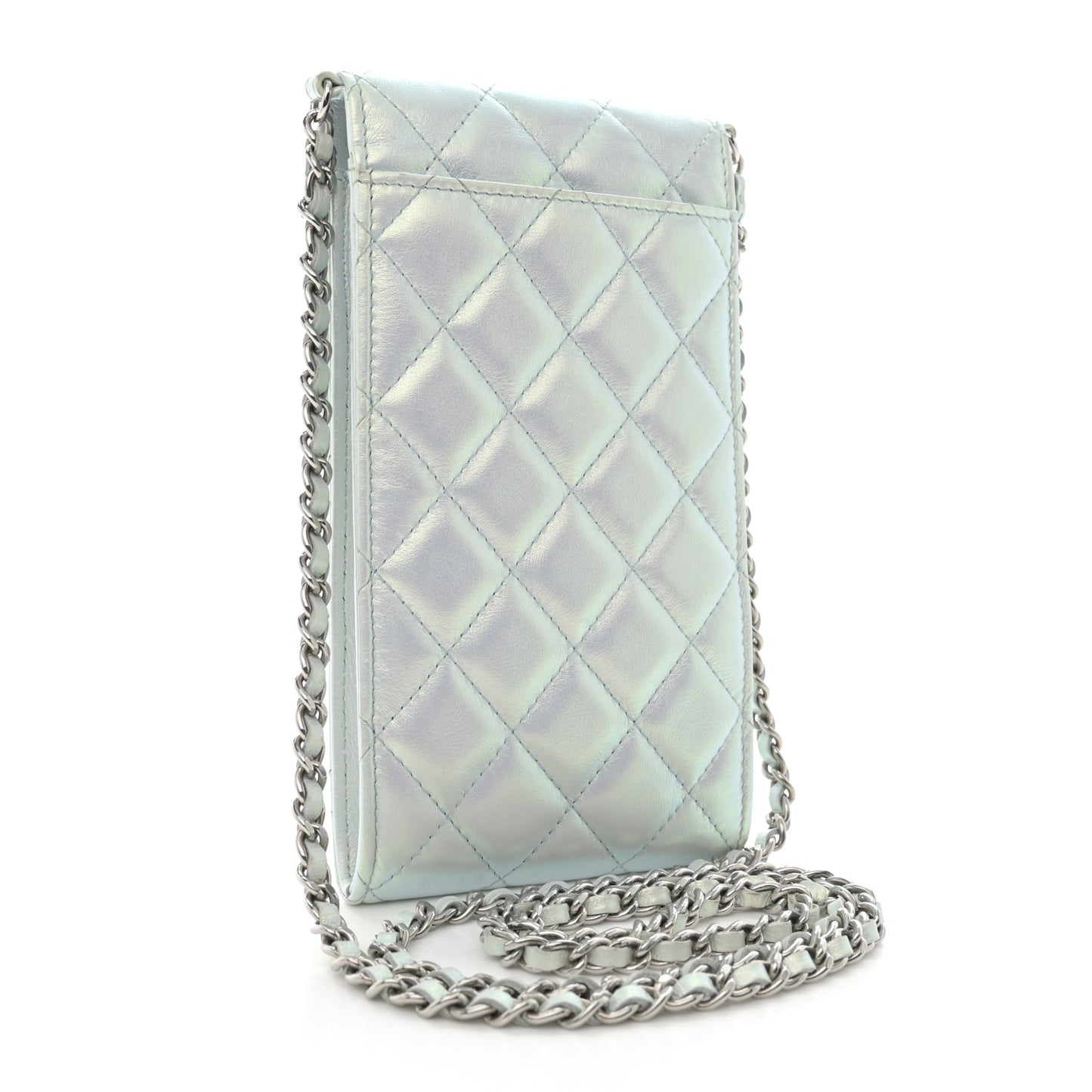 Iridescent Lambskin Quilted CC Phone Holder Blue
