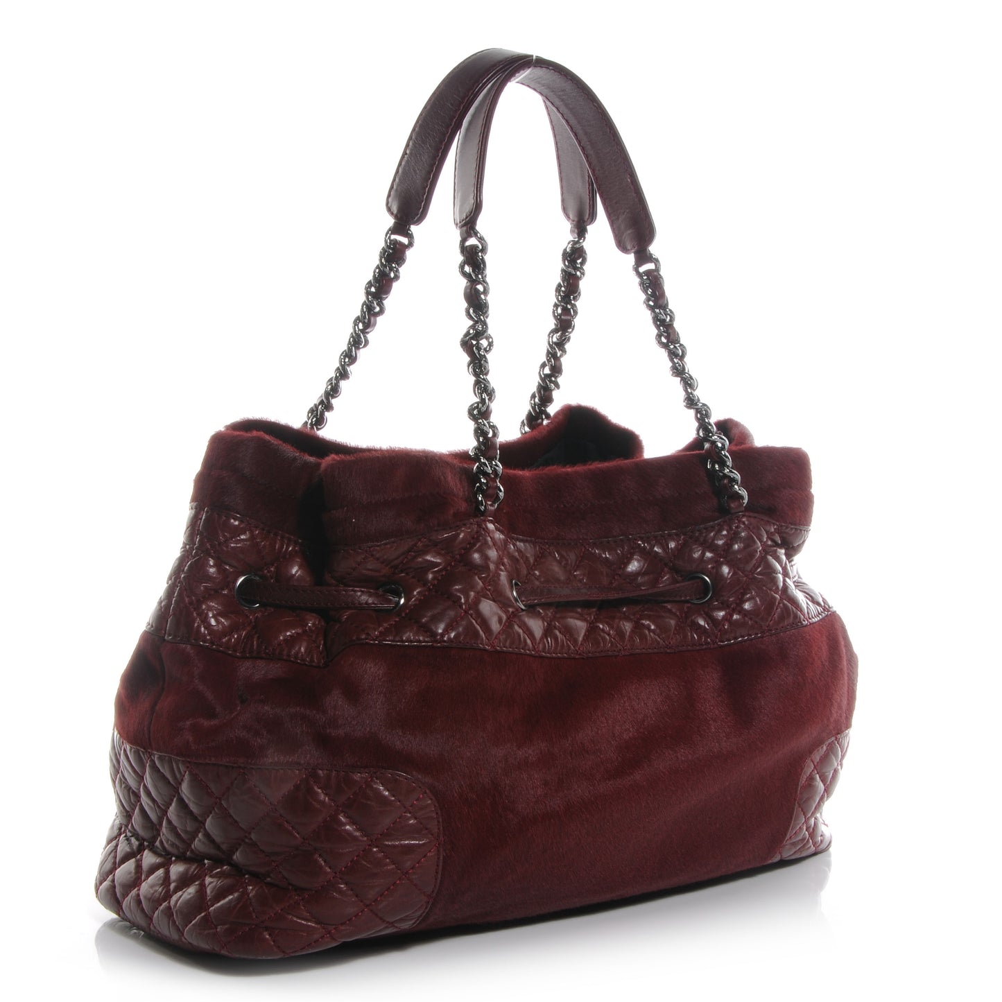 Pony Hair Quilted Drawstring Tote Dark Red