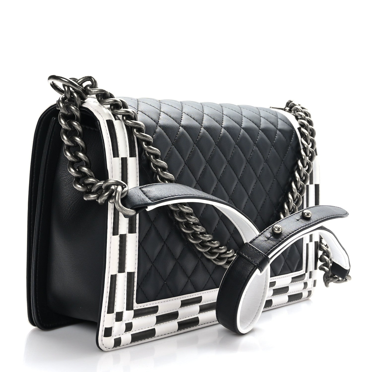 Chanel Calfskin Quilted Checkerboard Trim New Medium Boy Flap Black White 3 of 9