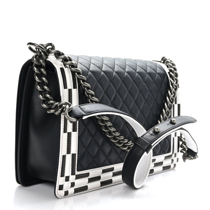 Chanel Calfskin Quilted Checkerboard Trim New Medium Boy Flap Black White 3 of 9