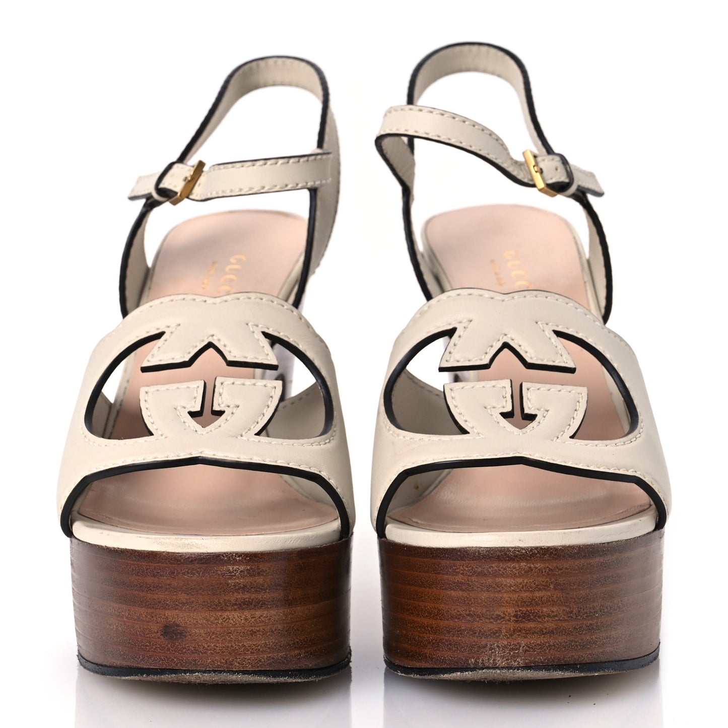 Cosmos Softy Calfskin Wooden Interlocking G Cut-Out 30/120mm Platform Sandals 37 Mystic White