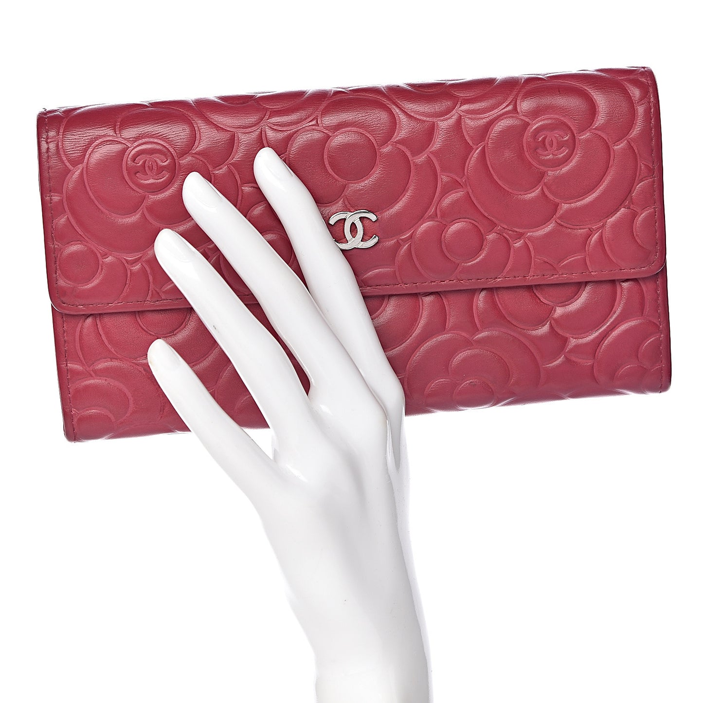 Lambskin Embossed Camellia Large Gusset Flap Wallet Pink