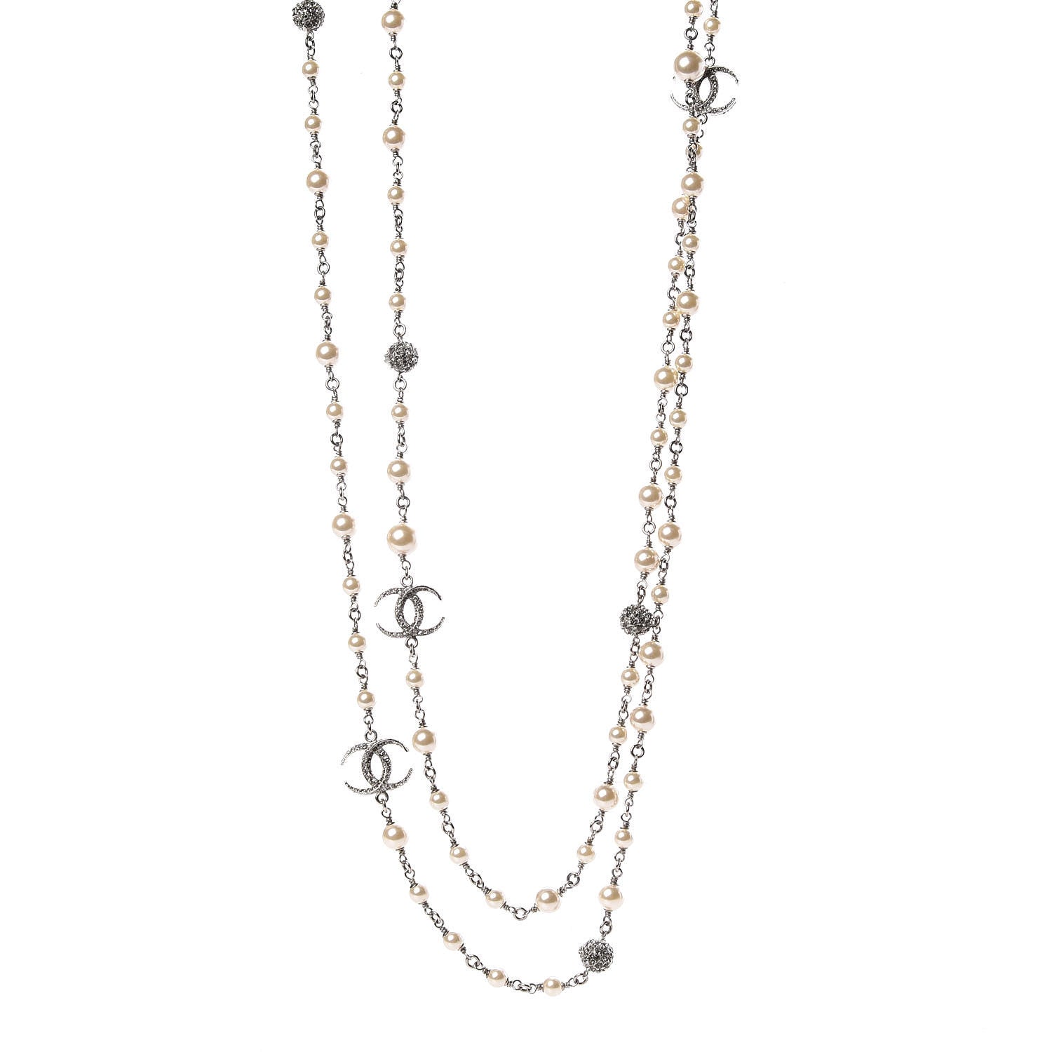 Chanel Pearl Baguette Crystal CC Moon Long Necklace Silver 1 of 6