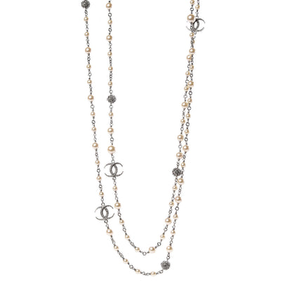 Chanel Pearl Baguette Crystal CC Moon Long Necklace Silver 1 of 6