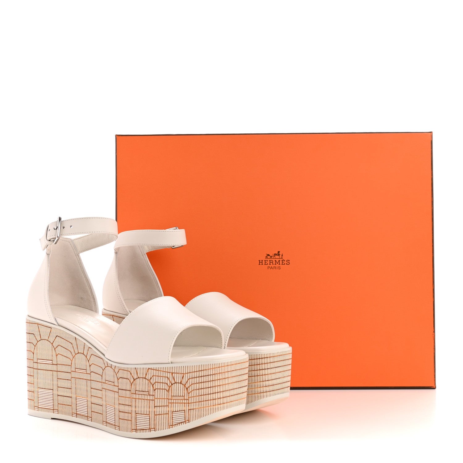 Hermes Calfskin Illusion 35 Wedge Sandals 36.5 Blanc De Paris 10 of 10