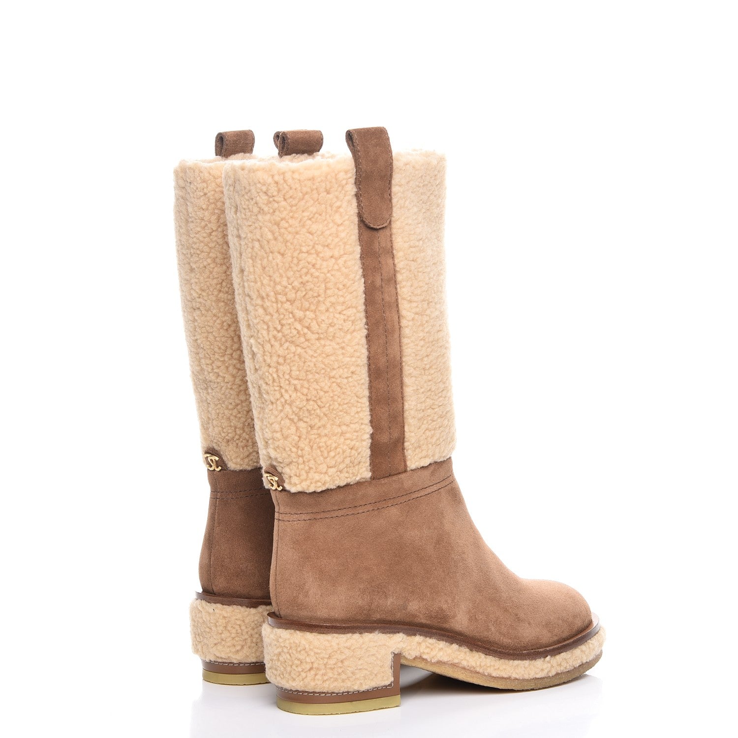 Chanel Shearling Suede Calfskin High Boots 37 Brown Beige 4 of 12