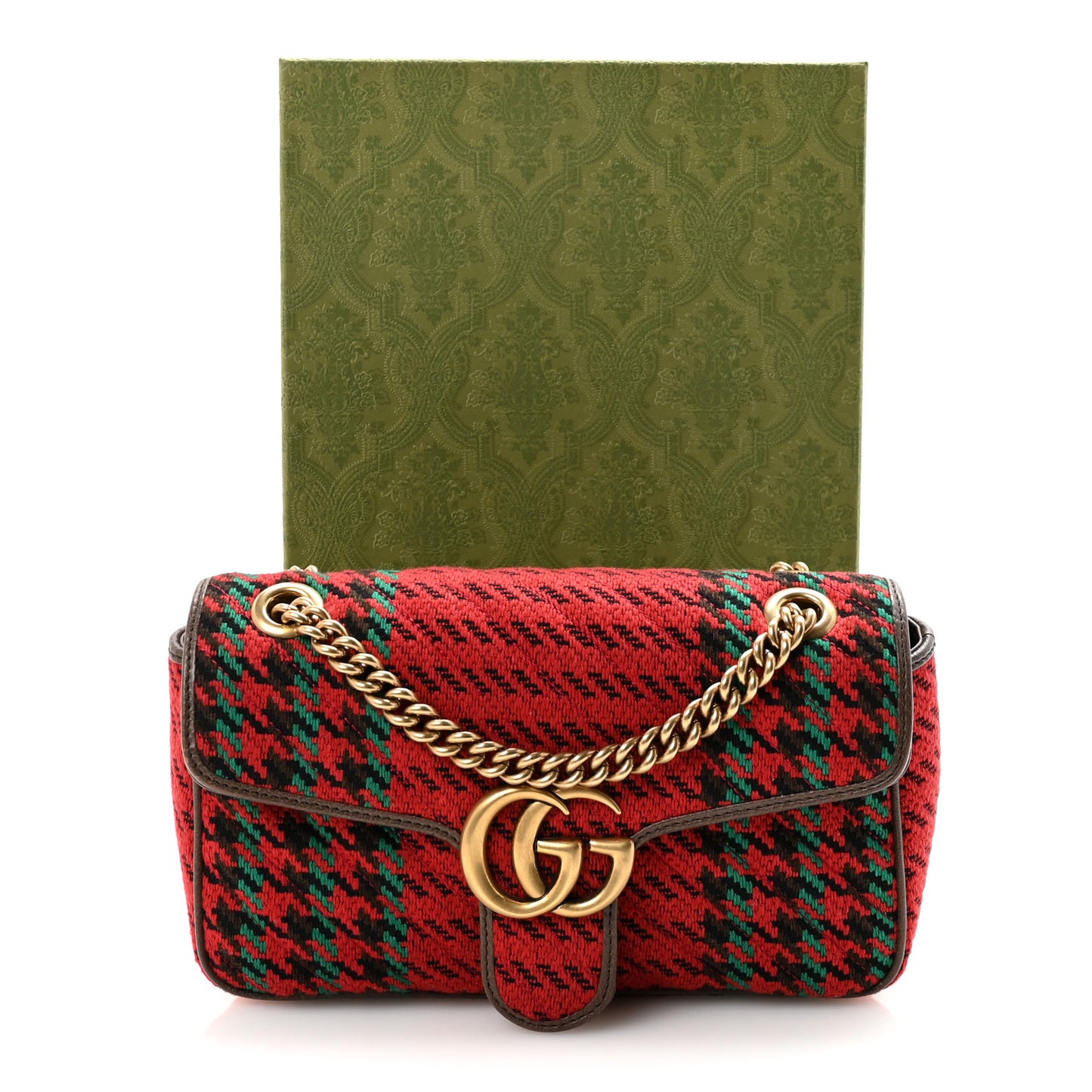 Wool Tweed Textured Dollar Calfskin Matelasse Diagonal Plaid Small GG Marmont Shoulder Bag Red Green Multicolor New Acero