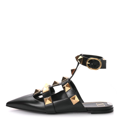 Valentino Garavani Calfskin Roman Stud Ankle Strap Flat Mules 40.5 Black 1 of 9