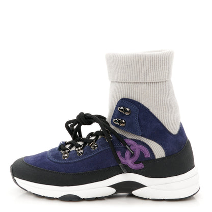 Chanel Suede Calfskin Knit CC Sneakers 38 Dark Blue Light Grey 1 of 10