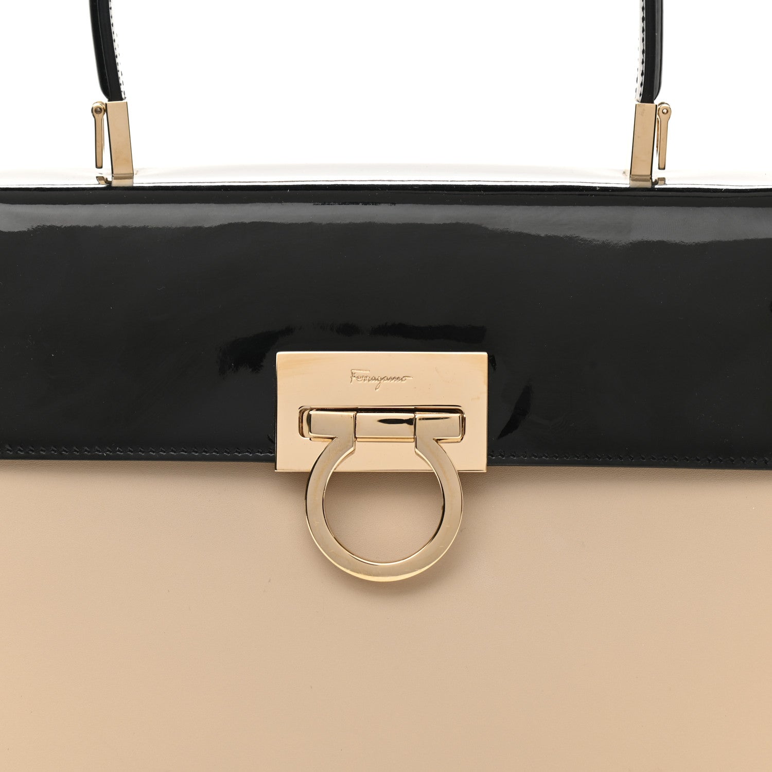 Salvatore Ferragamo Patent Calfskin Gancini Top Handle Black Beige 9 of 9