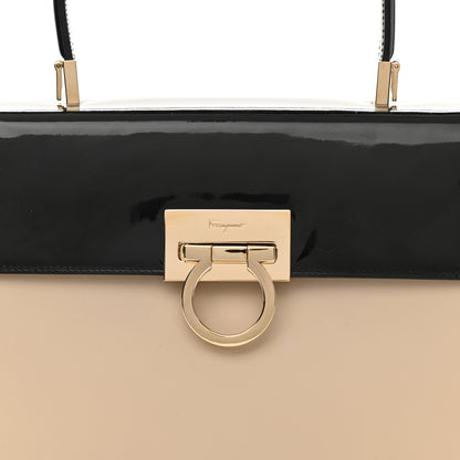 Salvatore Ferragamo Patent Calfskin Gancini Top Handle Black Beige 9 of 9