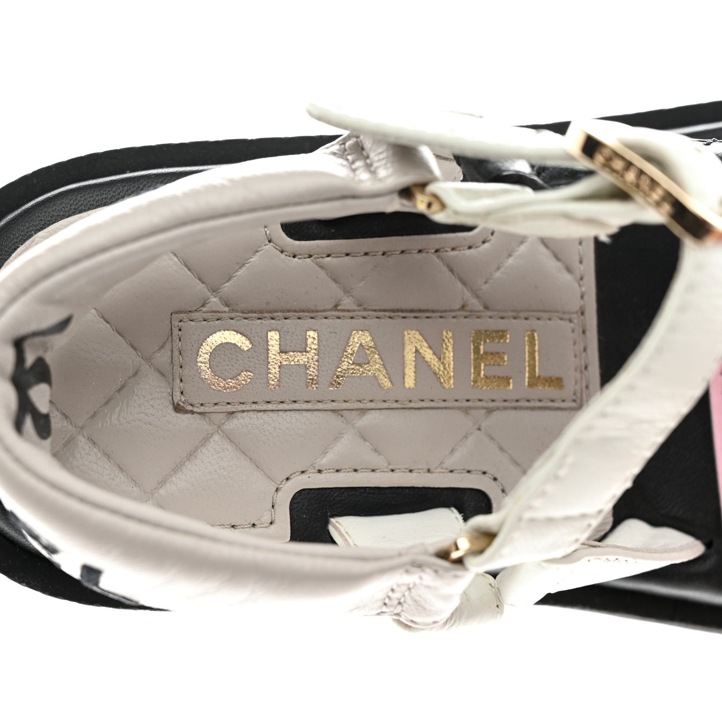 Lambskin Quilted CC Logo Platform Sandals 35 Black White Pink