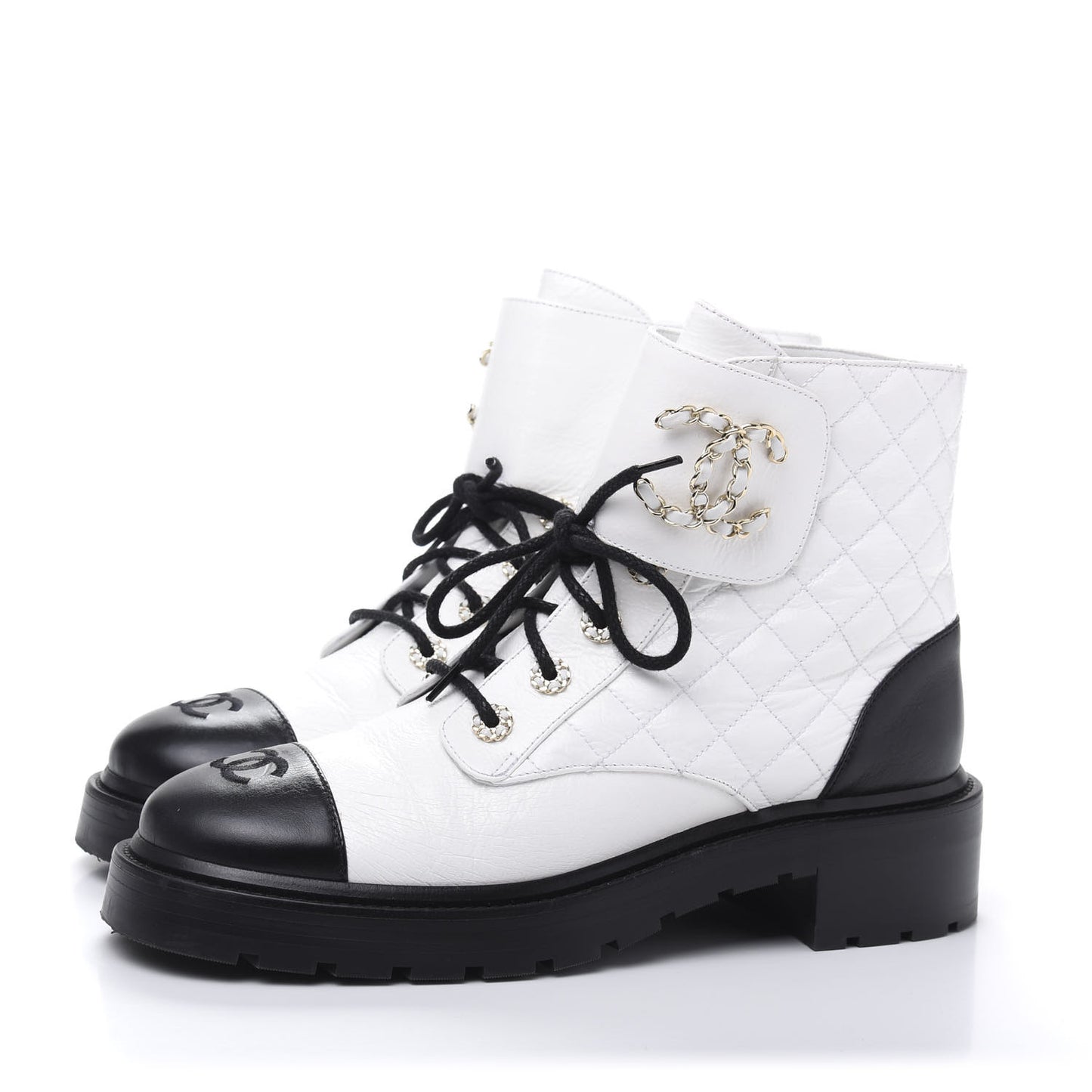Shiny Goatskin Calfskin Quilted Lace Up Combat Boots 41 Black White