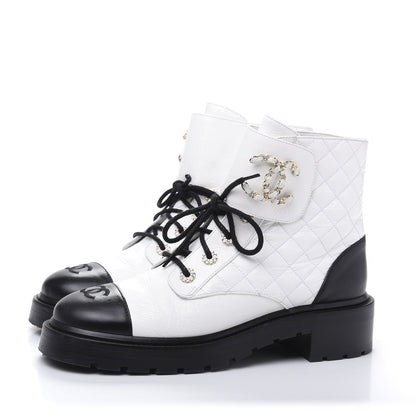 Chanel Shiny Goatskin Calfskin Quilted Lace Up Combat Boots 41 Black White 3 of 9