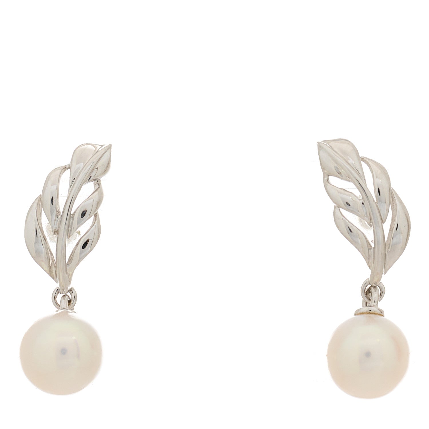 Mikimoto 18K White Gold Akoya Pearl Leaf Drop Earrings 1 of 5
