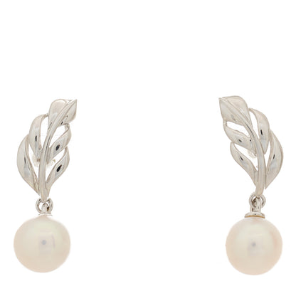Mikimoto 18K White Gold Akoya Pearl Leaf Drop Earrings 1 of 5