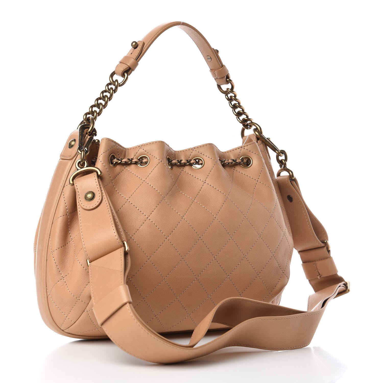 Chanel Calfskin Quilted Drawstring CC Medium Hobo Beige 4 of 16