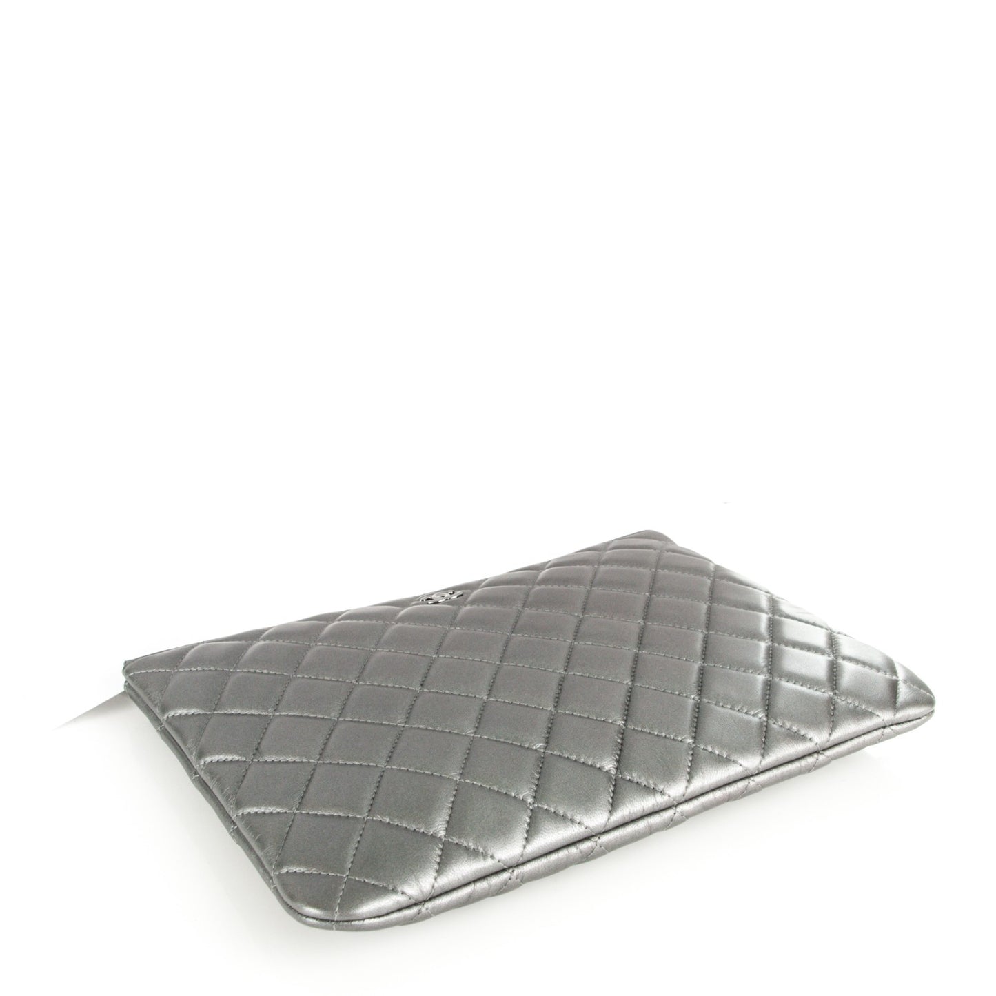 Metallic Lambskin Quilted Medium Cosmetic Case Silver