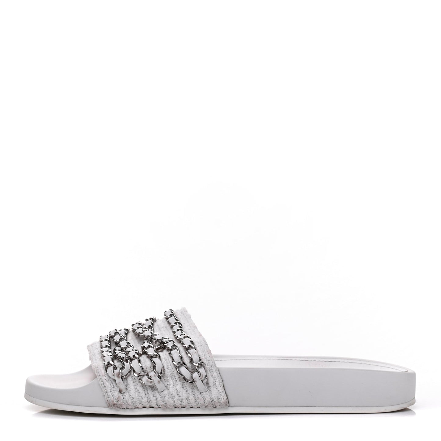 Tweed Lambskin Chain Flat Sandals 38 White