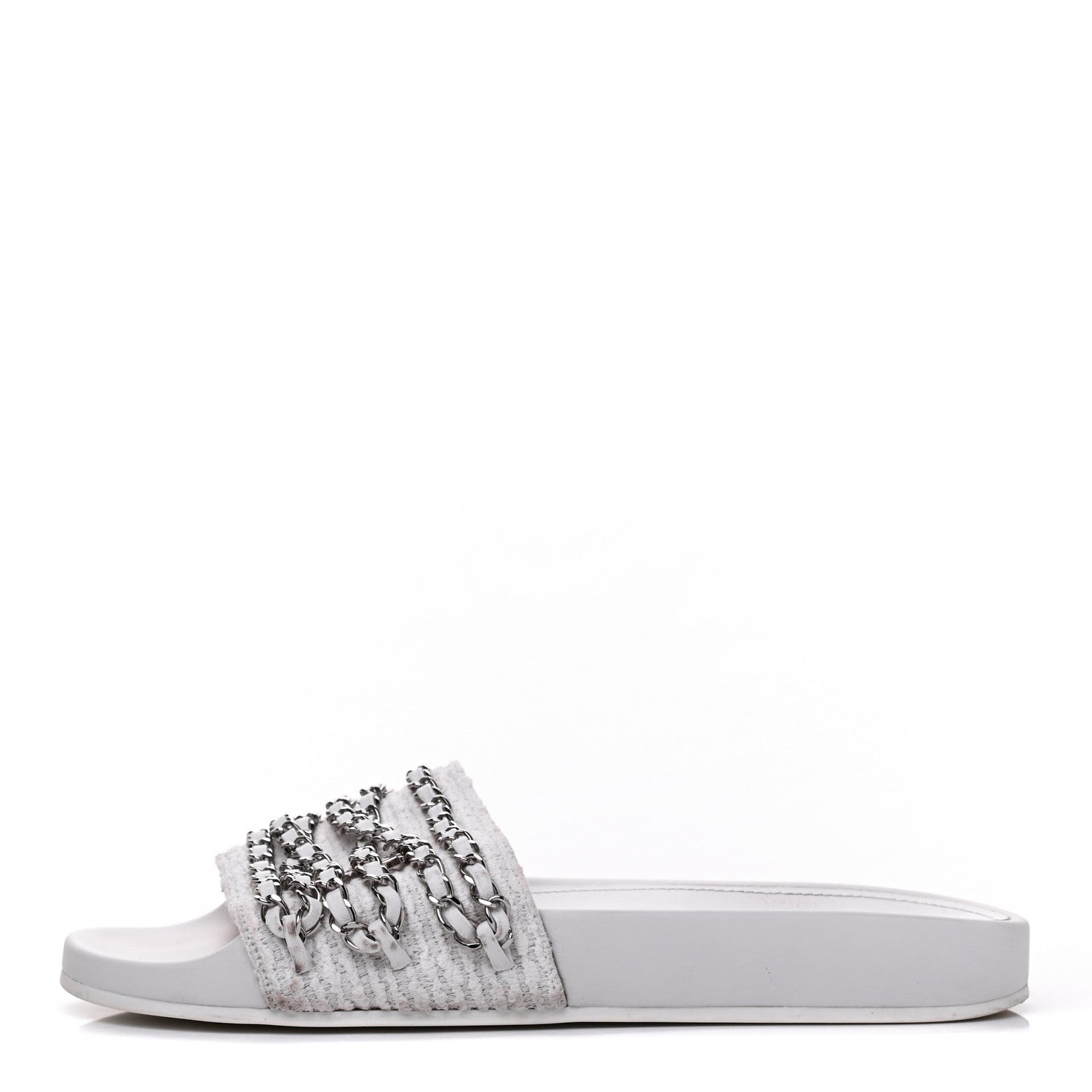 Chanel Tweed Lambskin Chain Flat Sandals 38 White 1 of 12