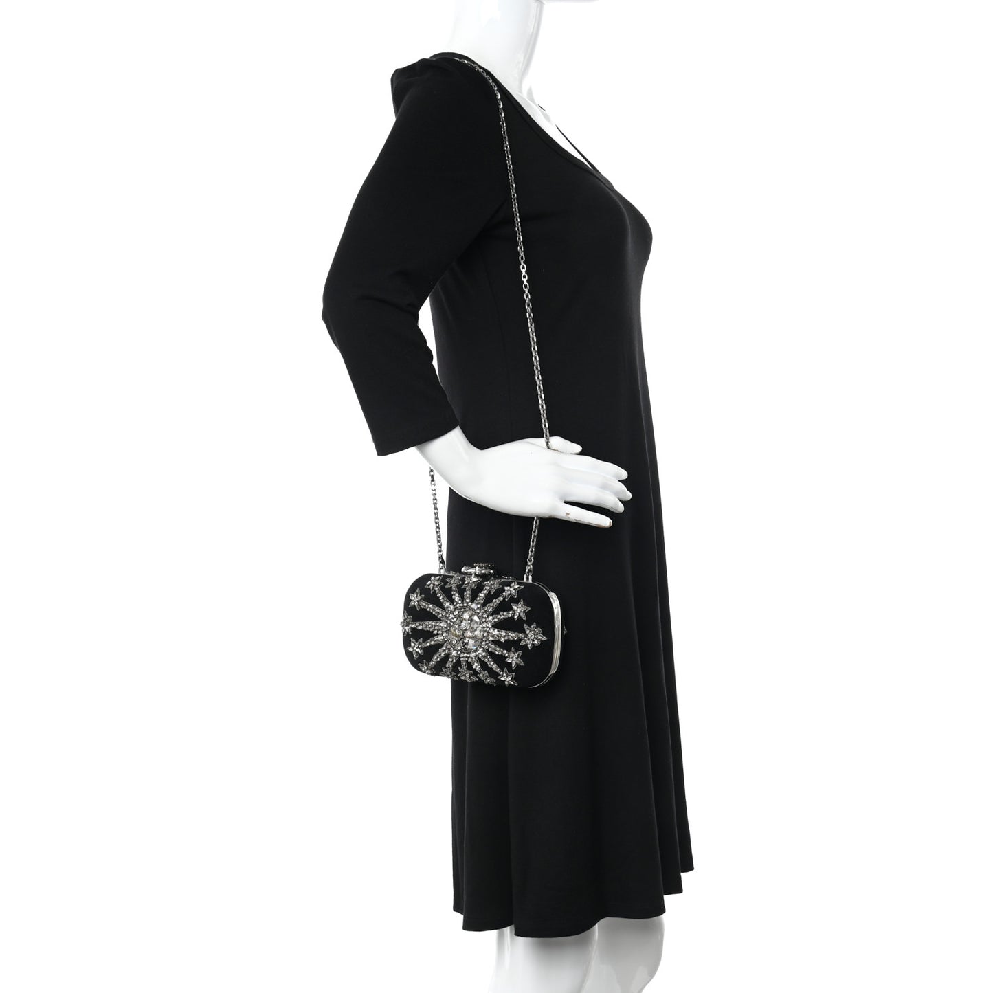 Suede Crystal Heart Chain Box Clutch Black