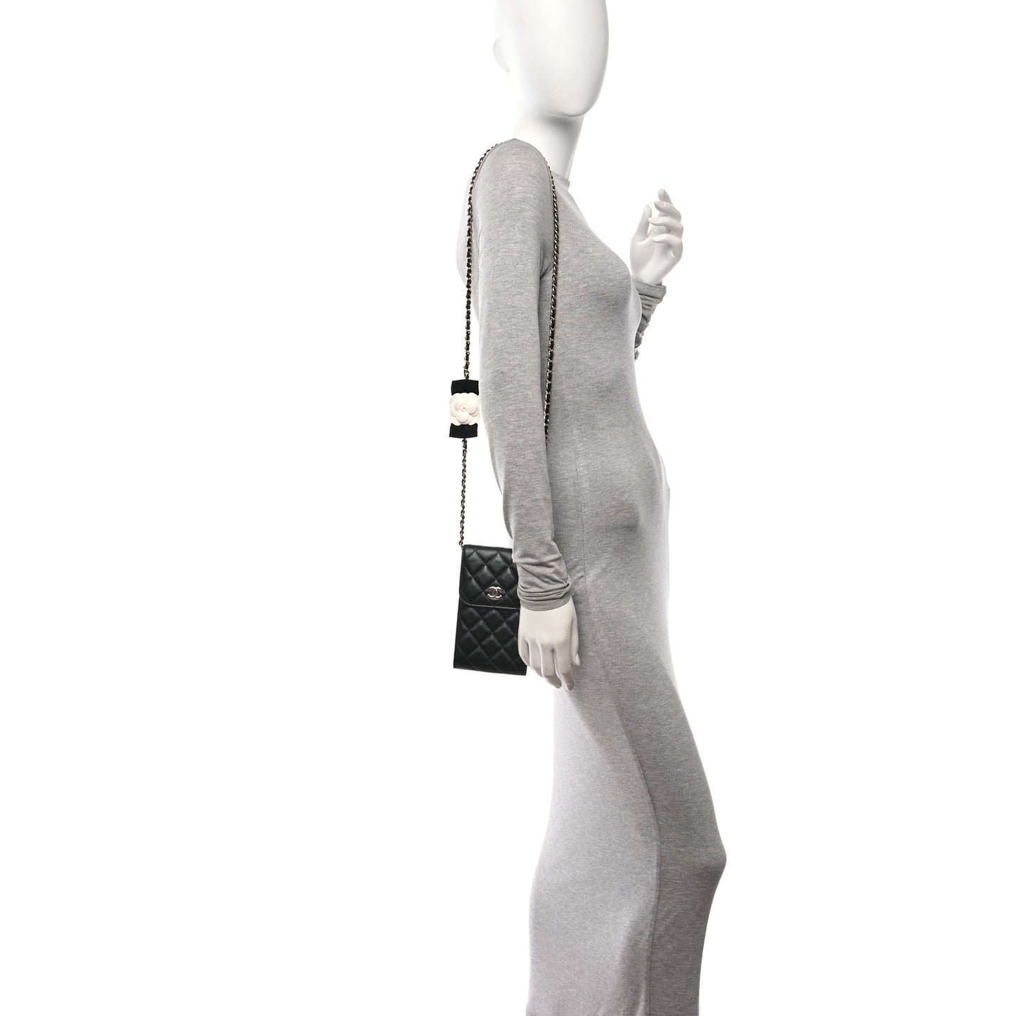 Lambskin Quilted Mini Camellia Bow Phone Holder Black