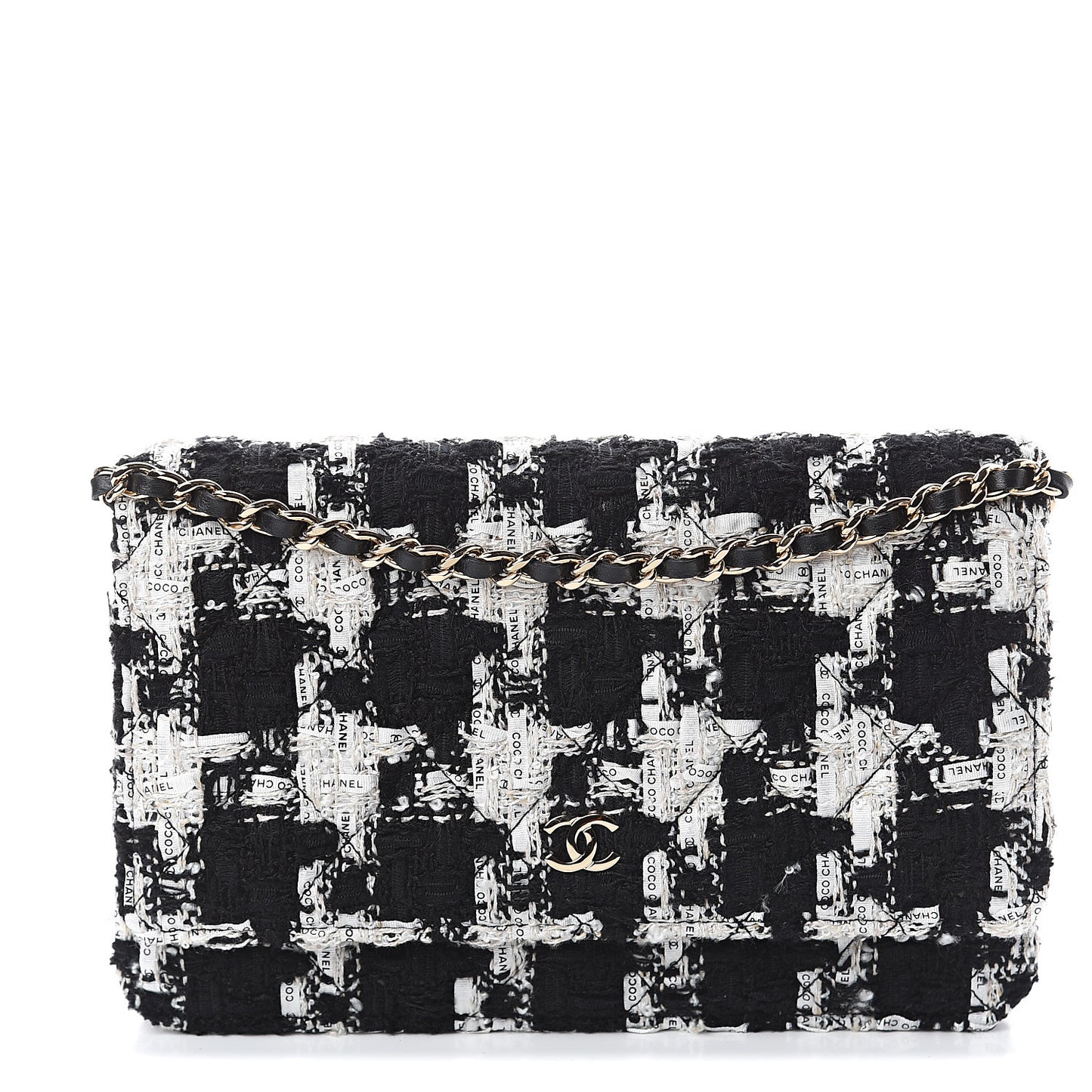 Tweed Quilted Wallet On Chain WOC Black Ecru White