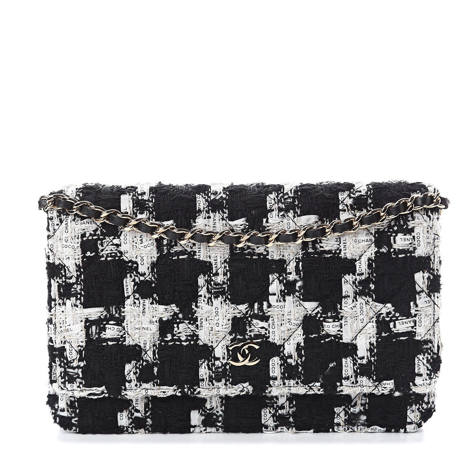 Chanel Tweed Quilted Wallet On Chain WOC Black Ecru White 1 of 10
