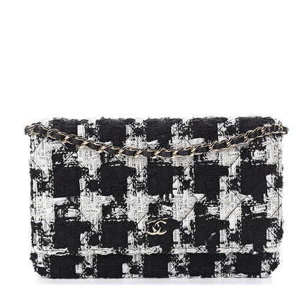 Chanel Tweed Quilted Wallet On Chain WOC Black Ecru White 1 of 10