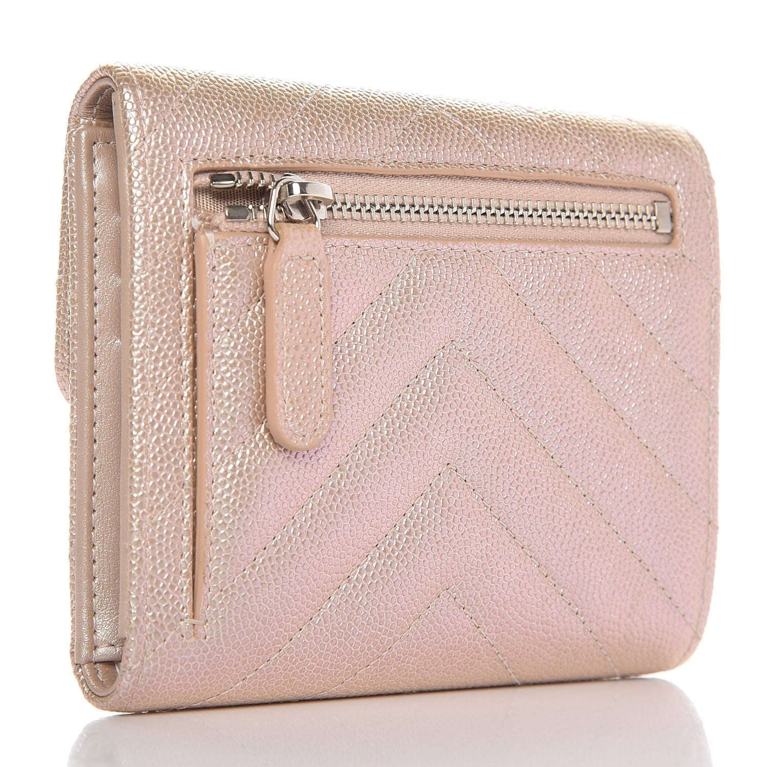 Chanel Metallic Caviar Chevron Quilted Compact Flap Wallet Light Gold 3 of 9