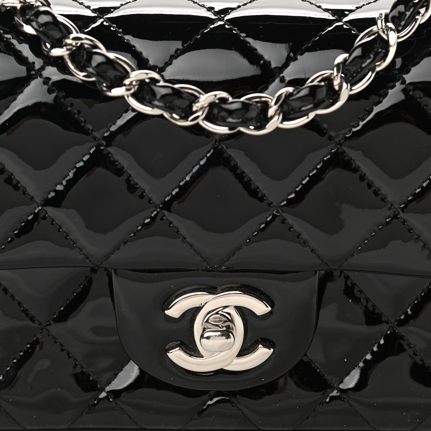 Patent Calfskin Quilted Mini Rectangular Flap Black