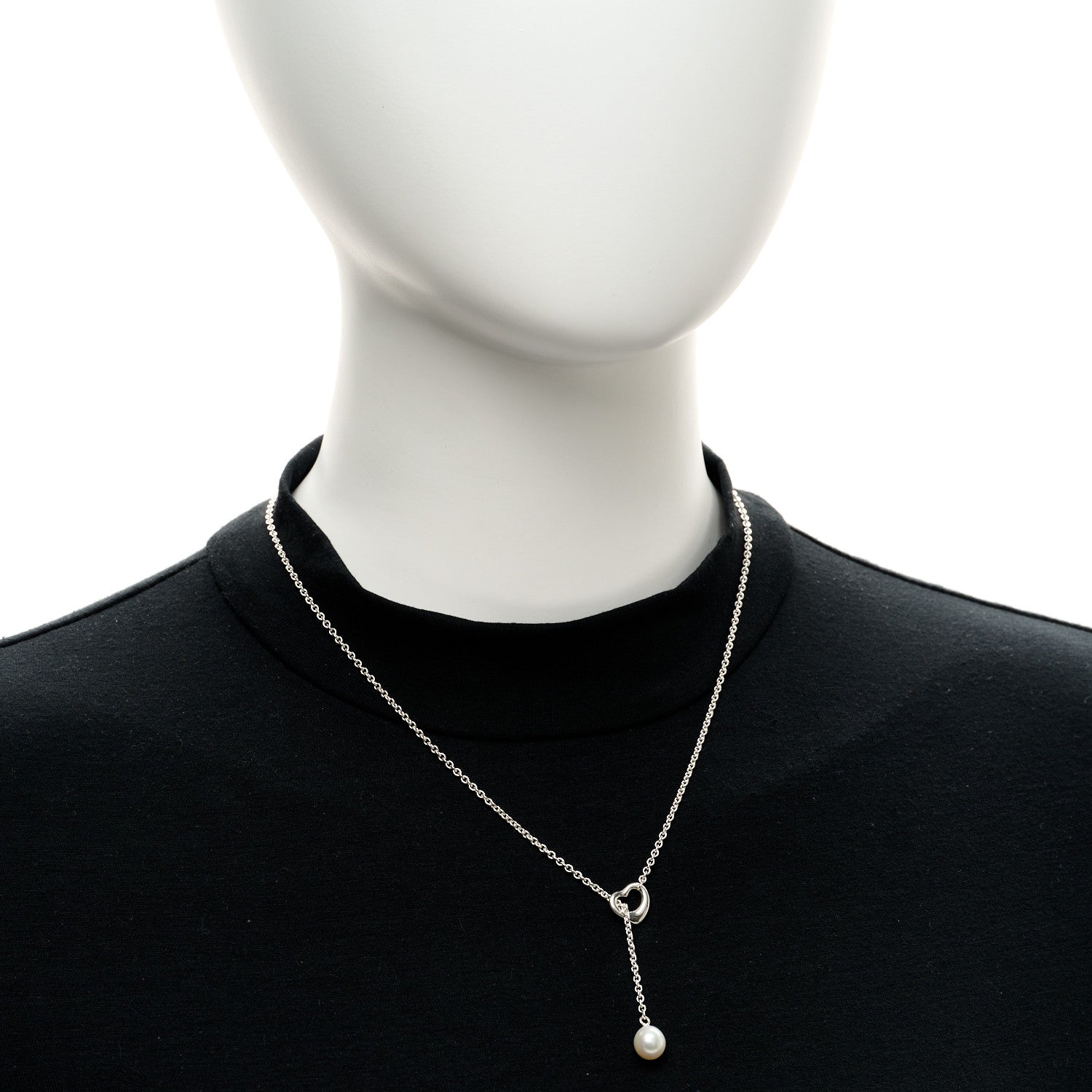 Tiffany Sterling Silver Cultured Pearl 7.5-8mm Elsa Peretti Open Heart Lariat Necklace 2 of 5